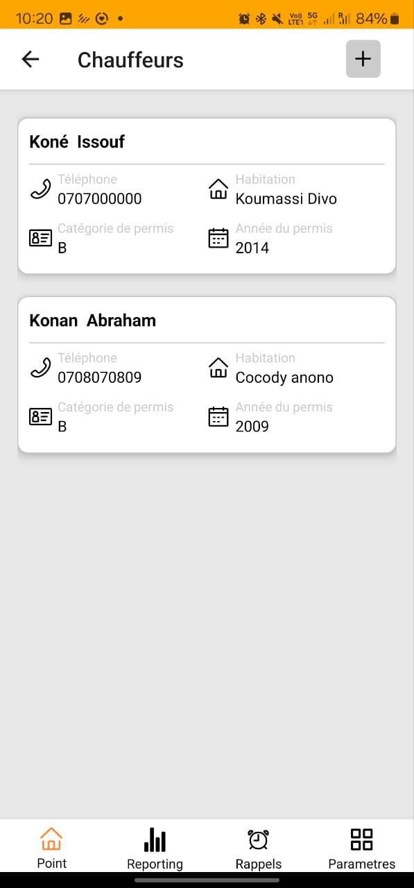 Capture d'écran de l'interface des chauffeurs