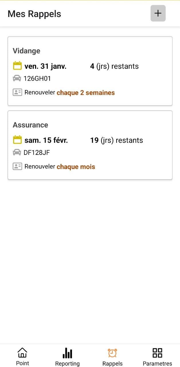 Capture d'écran de l'interface des rappels